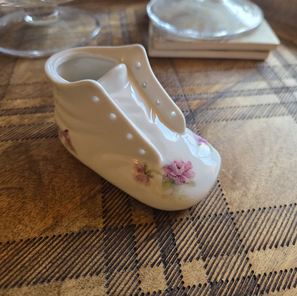 Vintage Porcelain Baby Shoe With Purple Flowers And Green Leaves